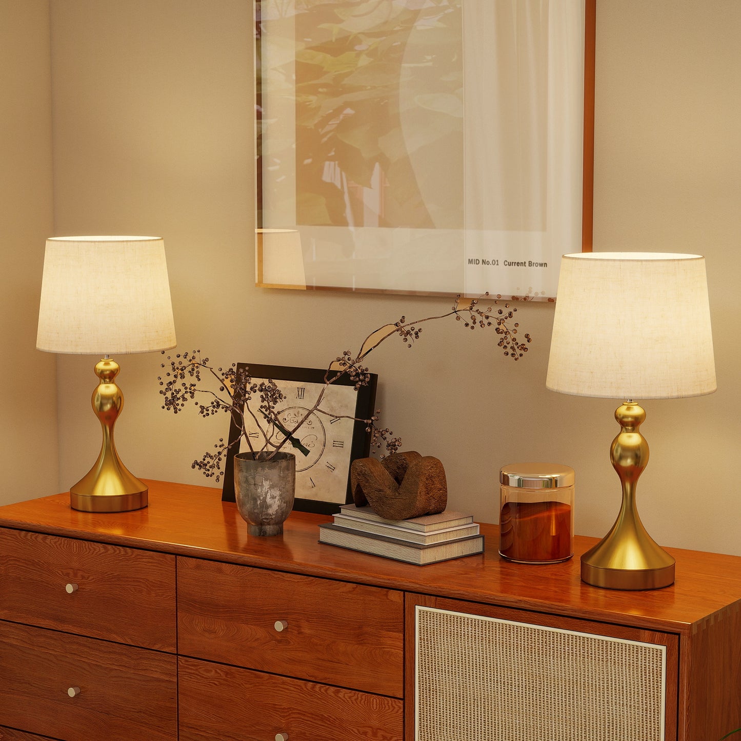 HOMCOM Set of Two Three-Colour Lamps, with USB Ports - Gold Tone