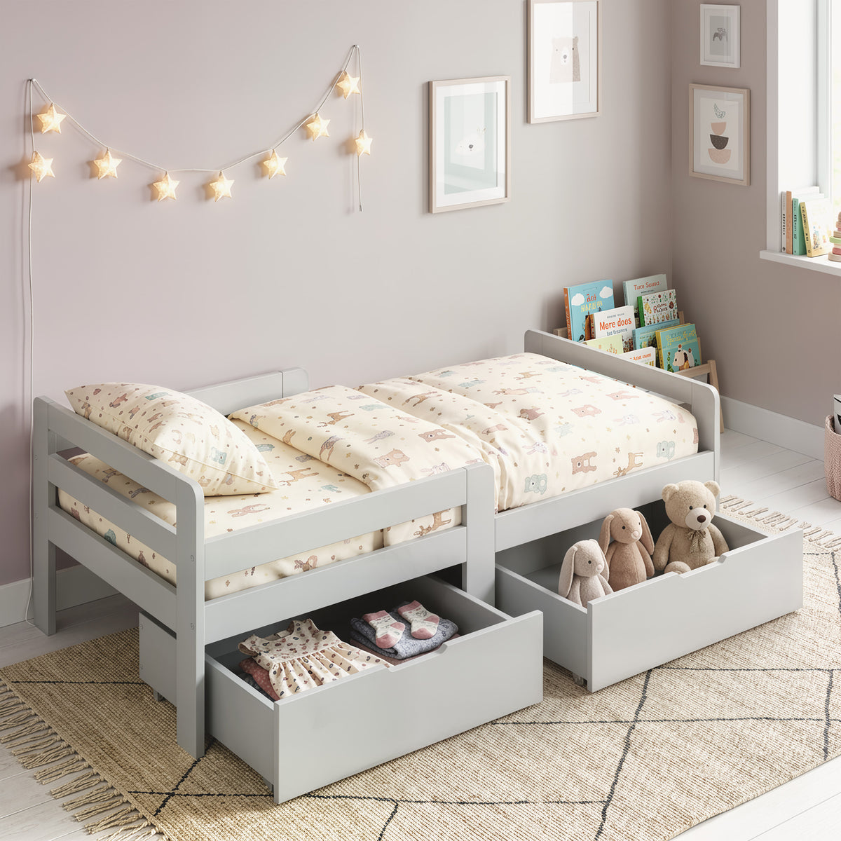 AIYAPLAY Wooden Kids Bed Frame with 2 Storage Drawers and Guard Rails for Ages 4-14, 144 x 76 x 57 cm (No Mattress), Grey