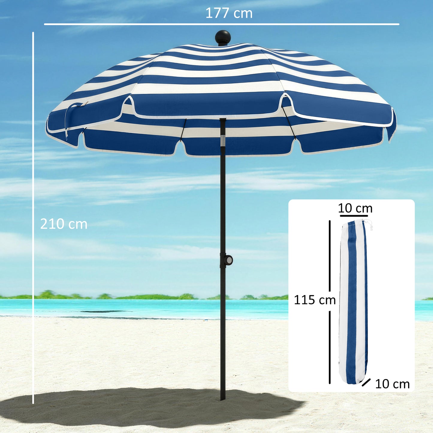 Outsunny 1.8 m Beach Umbrella Parasol with Sand Anchor, Portable 30Â° Tilting Patio Sun Shade with Adjustable Height, Blue/White