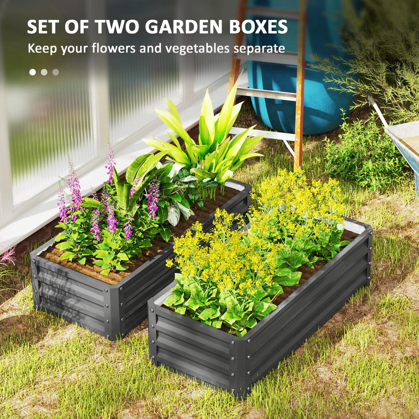 Outsunny Set of Two 110 x 50cm Steel Planter Boxes -  Light Grey