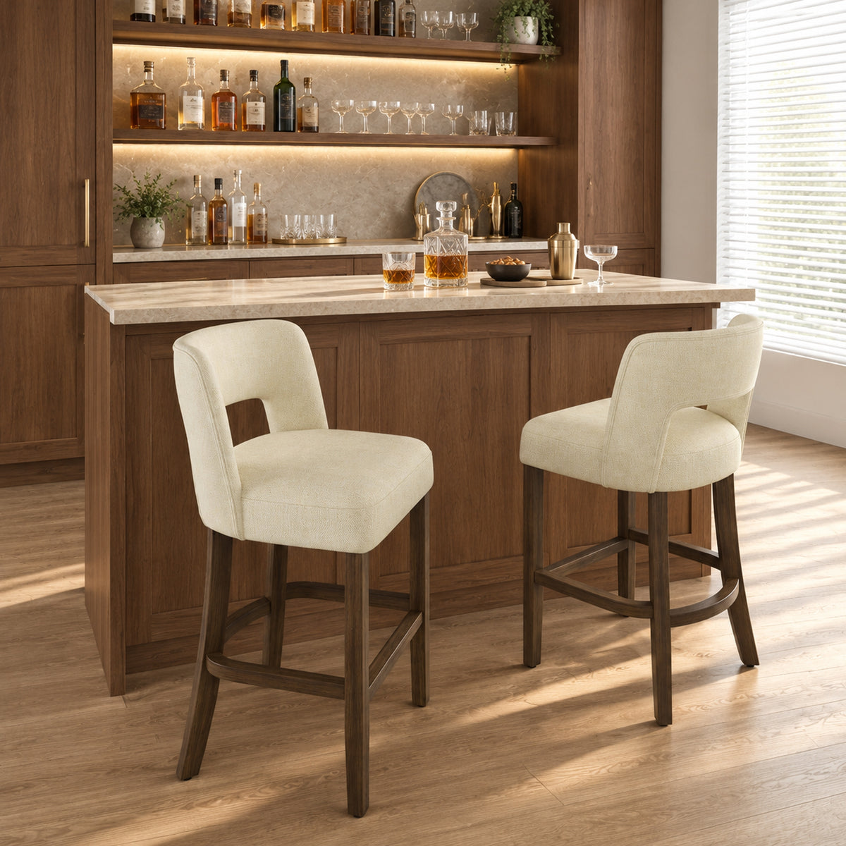 HOMCOM Bar Stools Set of 2, Counter Height Bar Stools with Curved Backrest, for Kitchen Island, Dining Room, Living Room, Beige