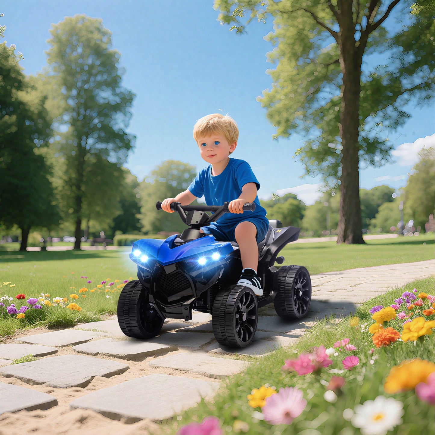 AIYAPLAY 6V Kids ATV, 4 Wheeler Electric Ride on Car with Music and LED Headlights, for Ages 18-56 Months Boys and Girls, Blue