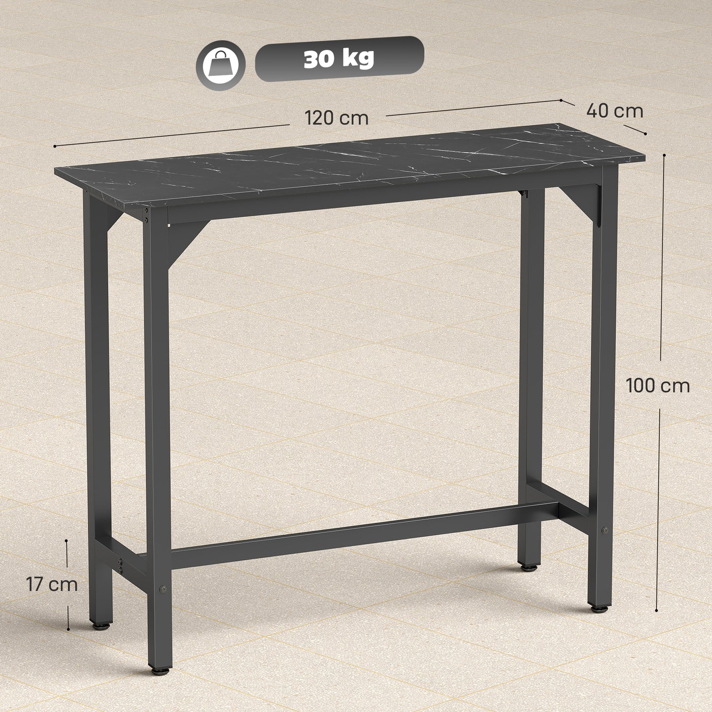 HOMCOM Rectangular Bar Table, Marble Effect Pub Coffee Table for Small Space, Breakfast Dining, Black Marble Effect