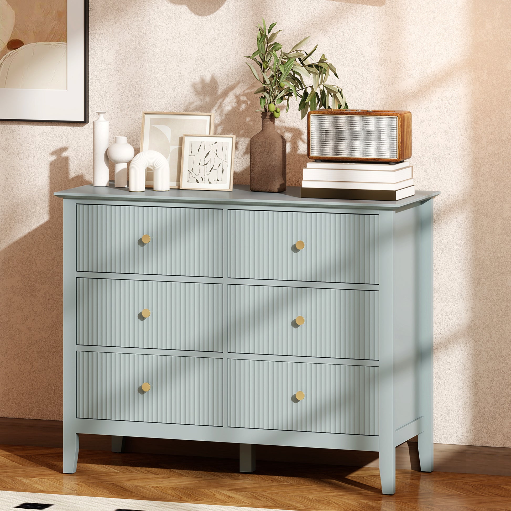 HOMCOM Fluted Dresser, 6 Drawer Chest of Drawers for Bedroom, Living Room, Hallway, Closet, Green