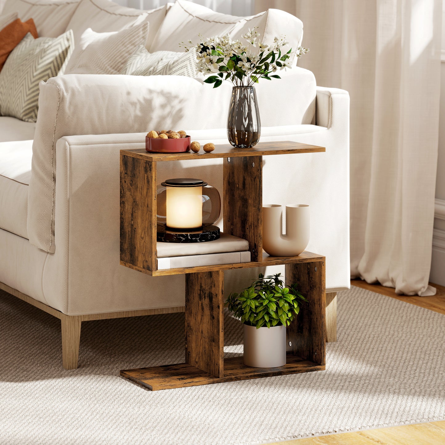 HOMCOM Side Table, Narrow End Table with Storage Shelves, S-Shaped, 3-Tier, 50W x 19.5D x 58H cm, Rustic Brown
