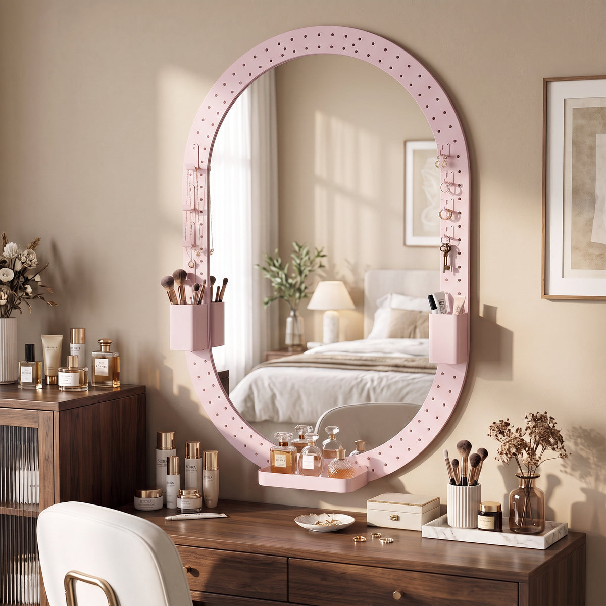 HOMCOM Oval Wall Mirror, 60 x 90 cm Decorative Hanging Mirror with Pegboard Frame, Wall-Mounted, Pink