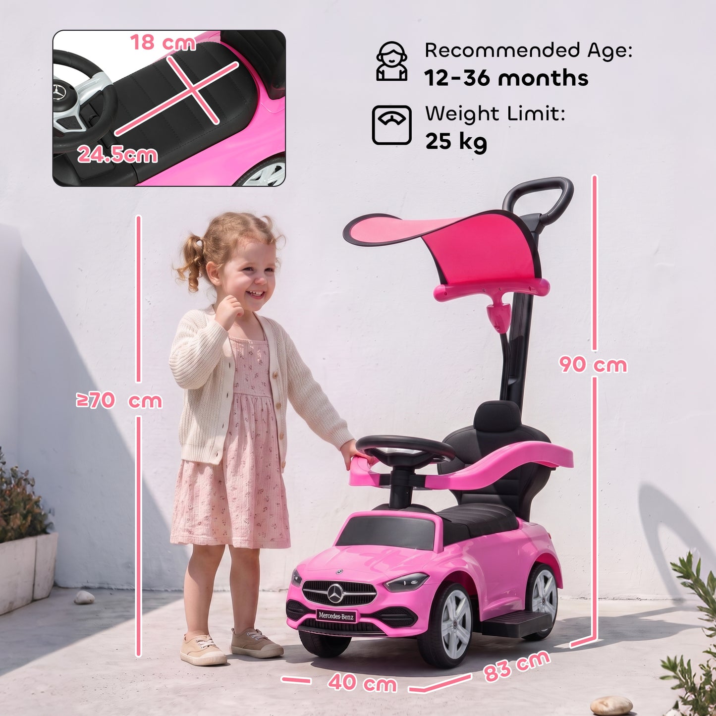 AIYAPLAY 3 in 1 Licensed Benz Ride on Push Car with Handle, Canopy, Guardrails, Horn, Music, Storage for 12-36 Months, Pink
