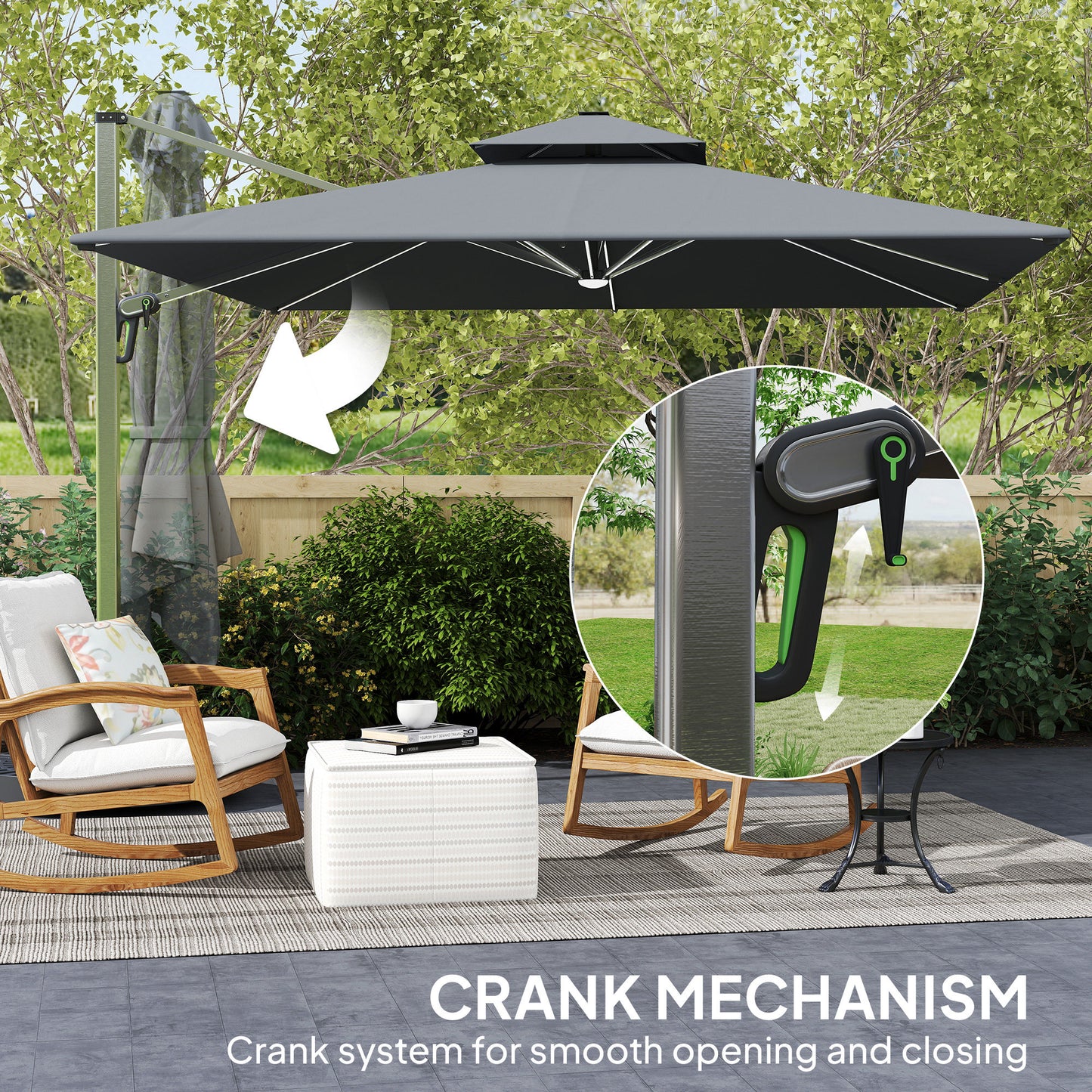Outsunny 3(m) Garden Cantilever Parasol with Solar LED Lights, Cross Base, 360Â° Rotation, Crank Handle and Tilt, Grey