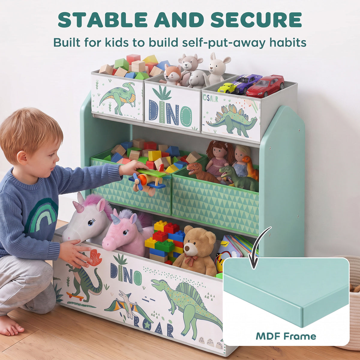 AIYAPLAY Toy Storage Organiser, 3-Tier Wooden Kids Toy Storage Rack with 6 Fabric Storage Bins for Bedroom, Kids Room, Green
