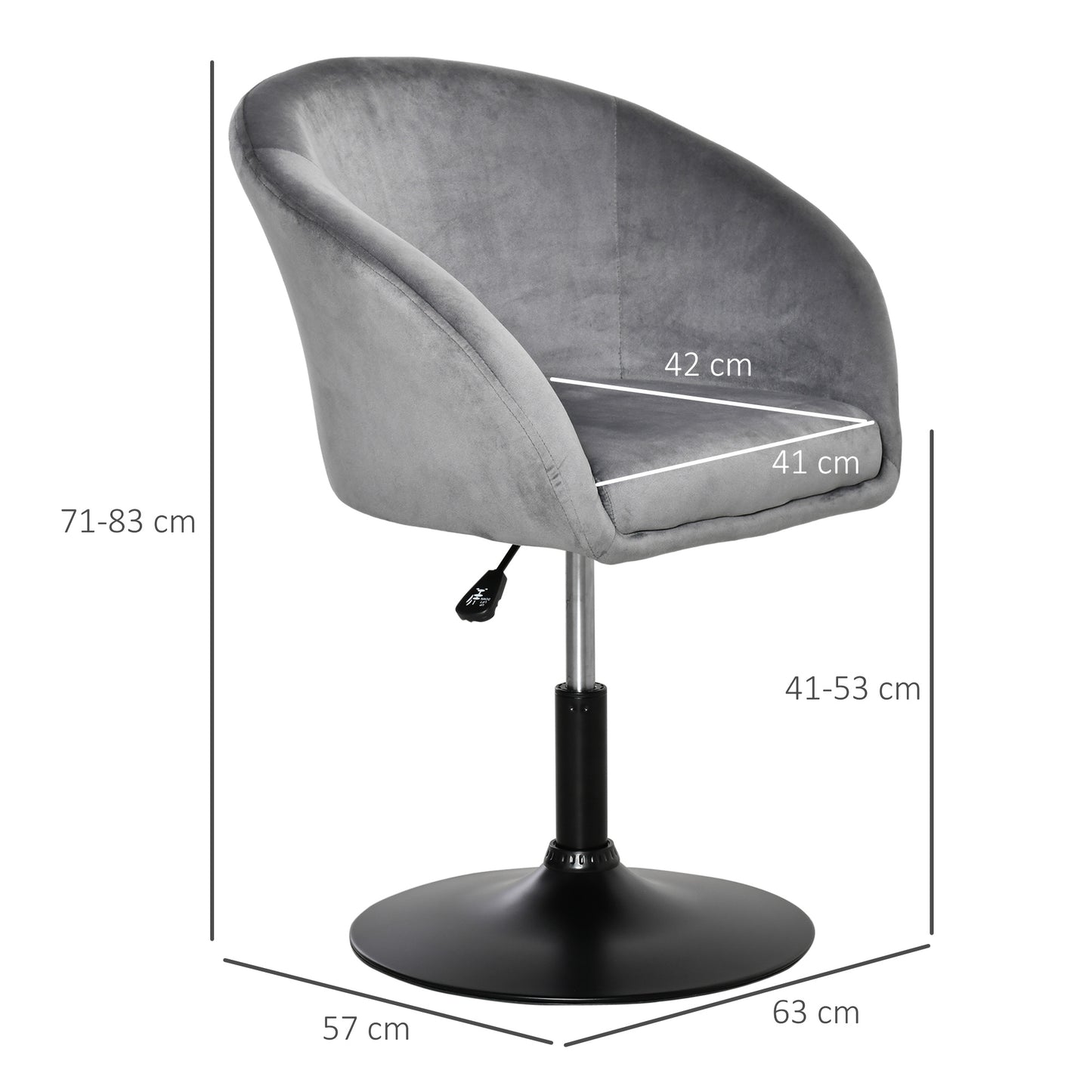 HOMCOM Dressing Table Chair, 360° Swivel Velvet-feel Upholstered Vanity Chair with Tub Seat, Back, Adjustable Height for Bedroom Makeup, Grey