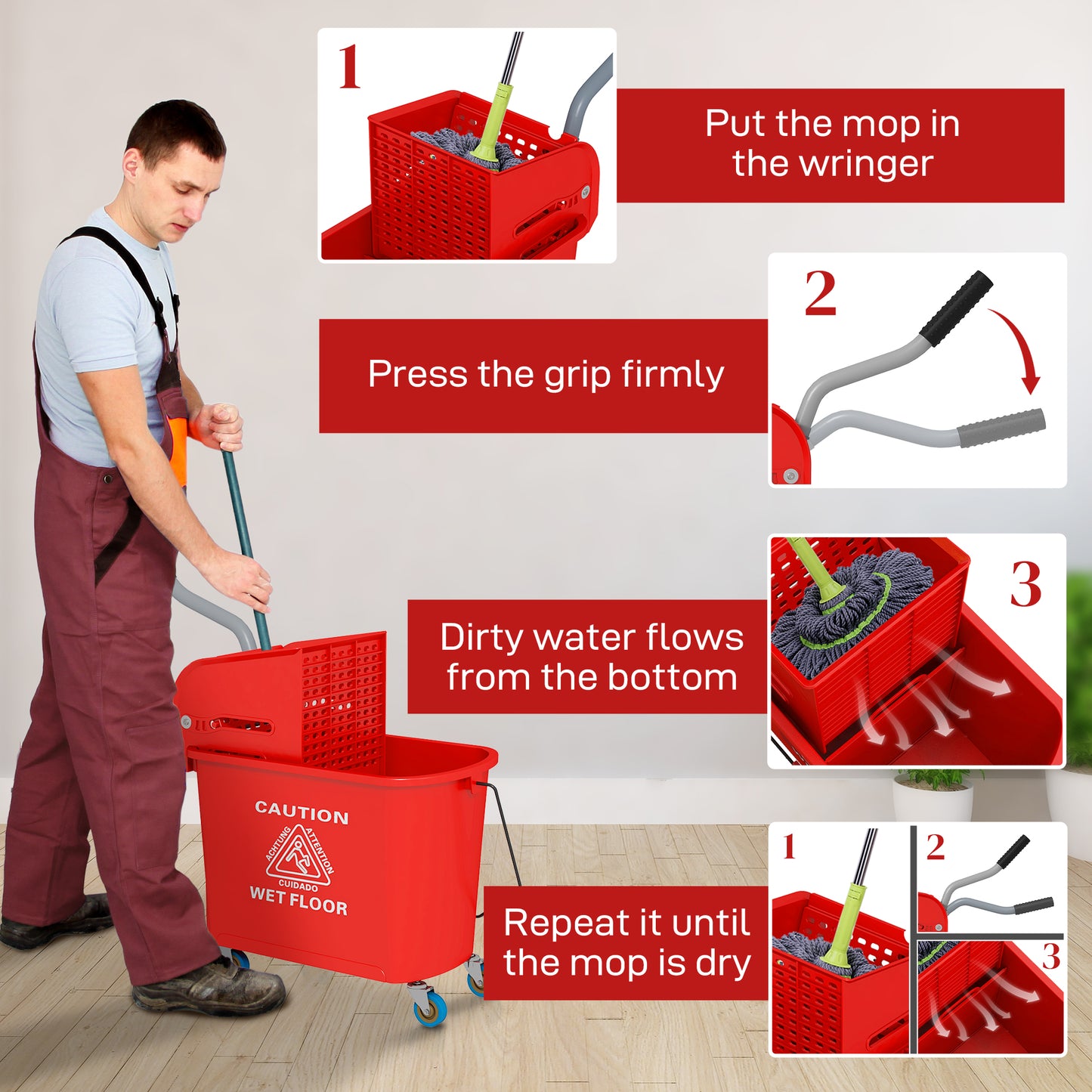 HOMCOM 20L Compact Mop Bucket on Wheels, with Water Separation Panel - Red