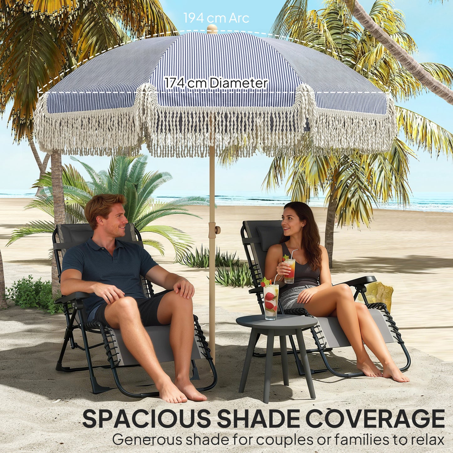 Outsunny 1.7 m Beach Umbrella with Sand Anchor, 30Â° Tilting Fringed Beach Garden Parasol with Adjustable Height, Blue