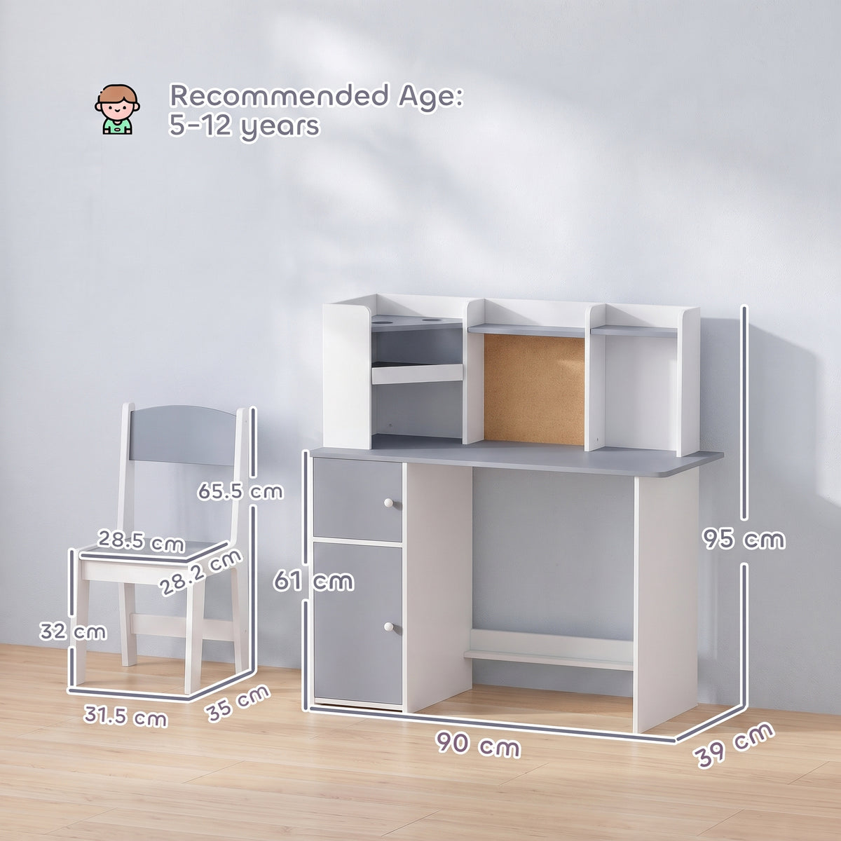 AIYAPLAY Kids Desk and Chair Set Storage Shelves Kids Desk Adjustable Tablet Stand Cork Board Pen Holder Grey