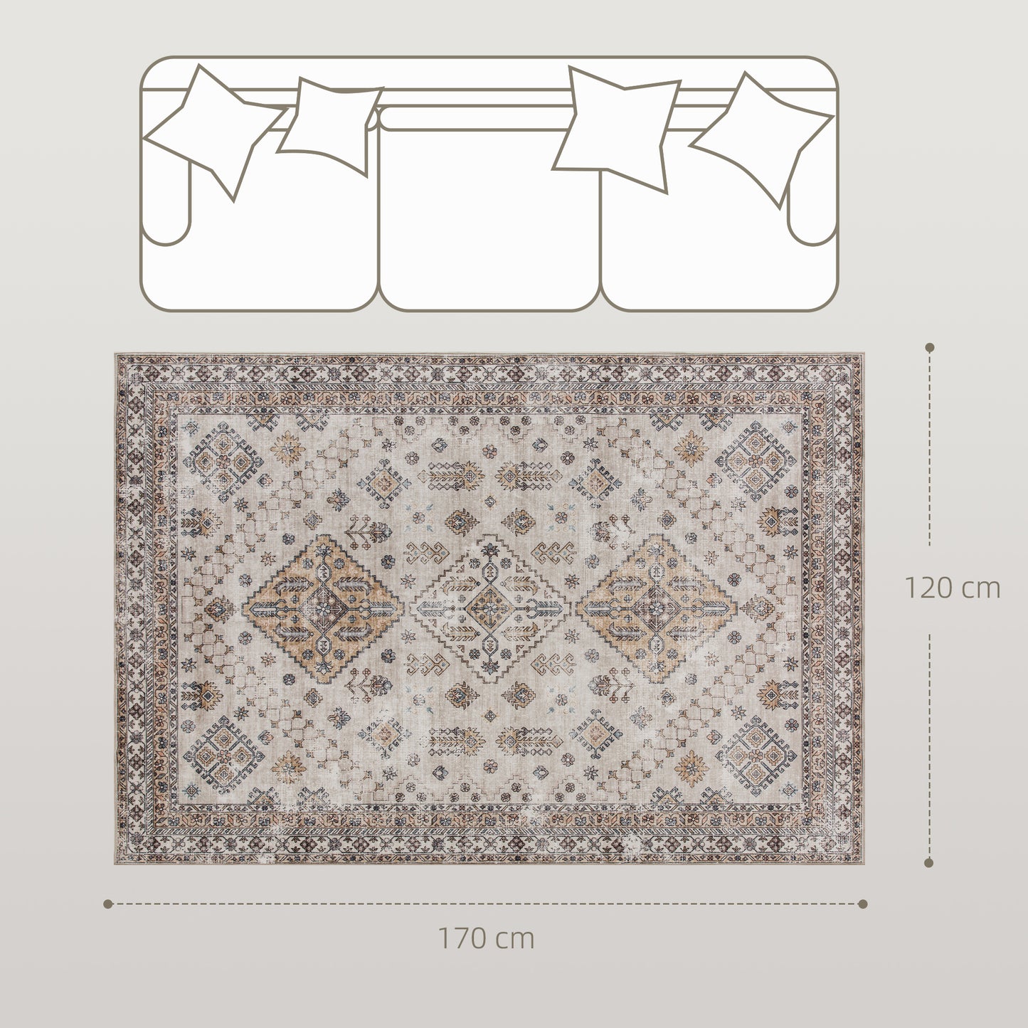 HOMCOM Vintage Area Rug, Non-Slip Washable Rug, Flannel Floor Carpet for Living Room, Bedroom, Dining Room, Home Office, 170 x 120 cm, Beige