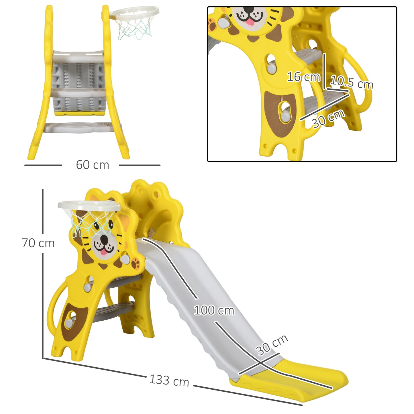 AIYAPLAY Baby Slide with Basketball Hoop, Climber, Easy to Assemble Kids Slide for Indoor Use, for Ages 18-36 Months - Yellow