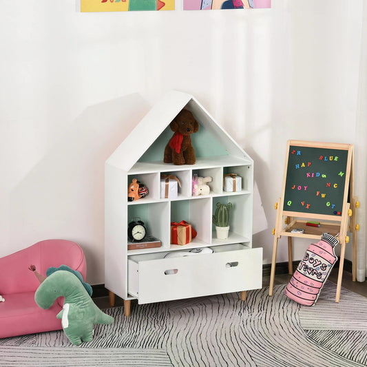 HOMCOM Kids House-Designed Bookshelf, with Drawer â€“ Blue & White