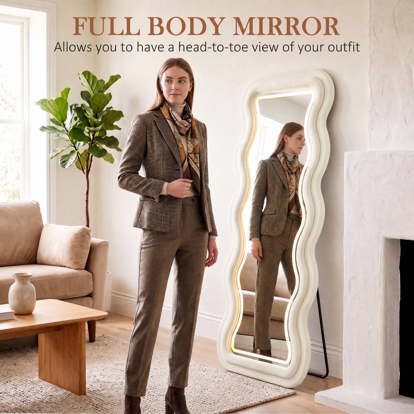 HOMCOM Full Length Mirror, 160 x 60 cm Wavy Full Body Wall Standing Mirror with Velvet Frame and Tempered Glass, Cream White