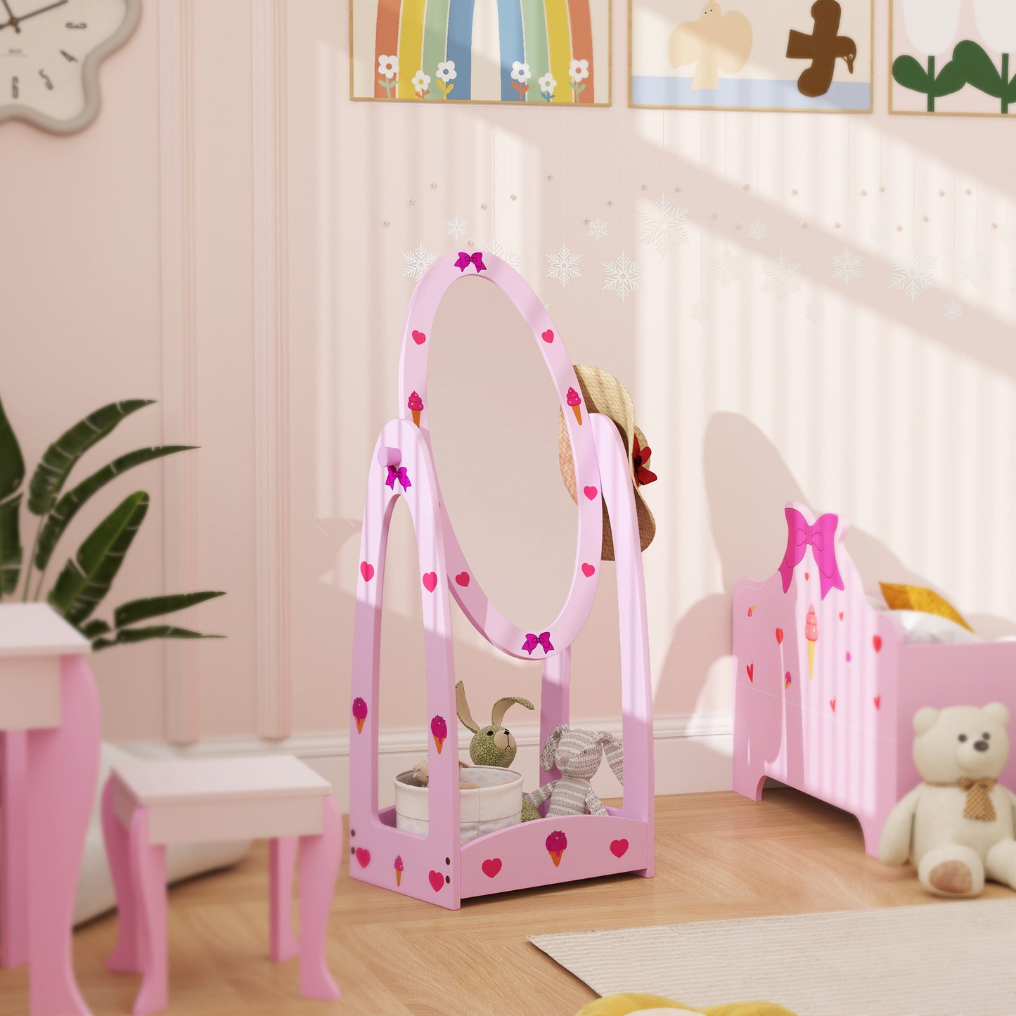 AIYAPLAY Kids Clothes Rail, Kids Dressing Mirror with 360° Rotating, 2 Piece Kids Furniture Set with Storage Shelves, Pink