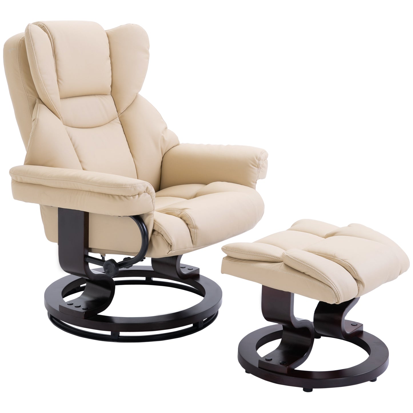 HOMCOM 360Â° Swivel Recliner Chair with Footstool, PU Leather Manual Recliner Armchair with Footstool, Solid Wood Base, Upholstered Reclining Chair for Living Room, Bedroom, Office, Cream