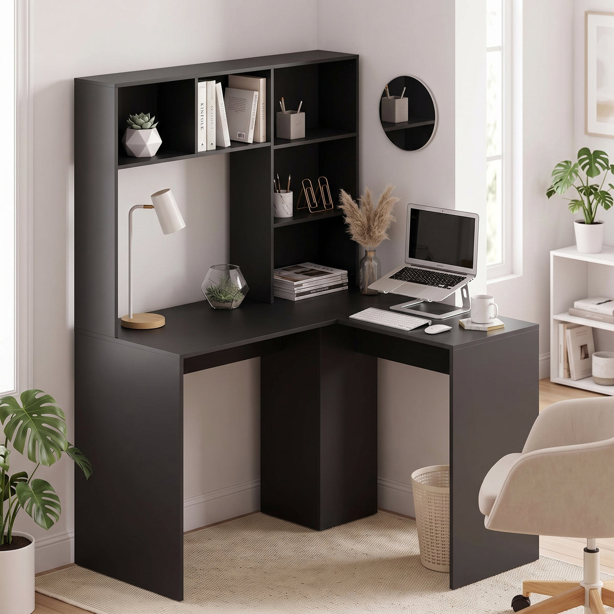 HOMCOM Modern Corner Computer Desk, L Shaped Desk with Monitor Stand and Storage Shelves for Home Office, Bedroom, Black
