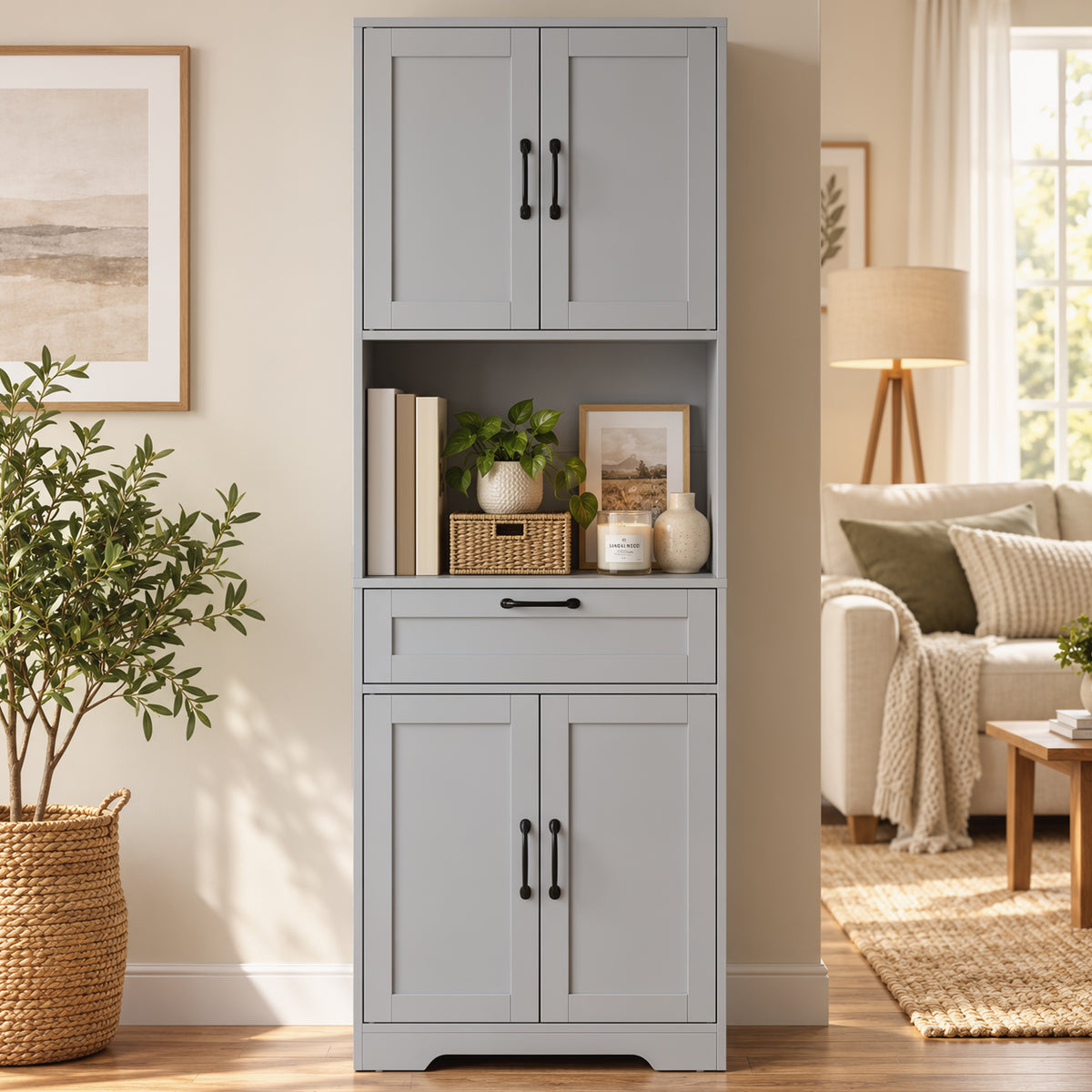 HOMCOM 170 cm Tall Kitchen Pantry with Adjustable Shelves, Freestanding Storage Cabinet with Open Shelf, Grey