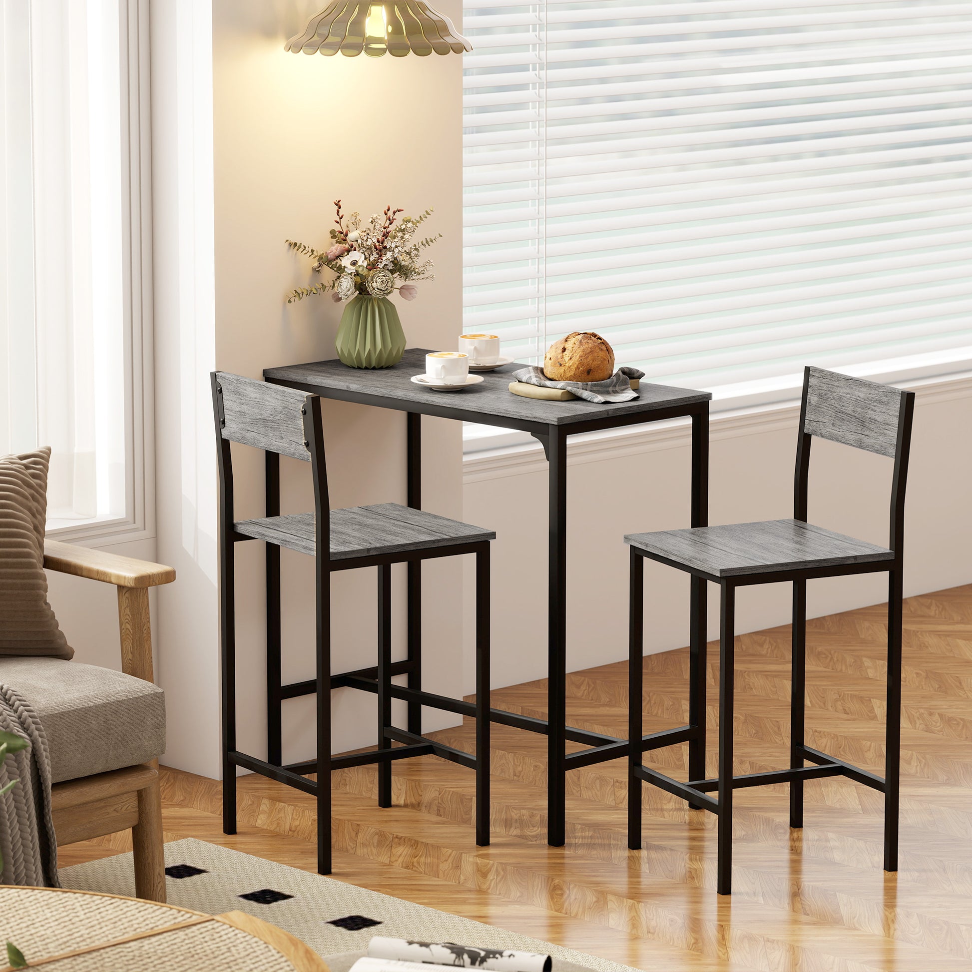 HOMCOM 3-Piece Bar Table Set with 2 Stools, Industrial Breakfast Bar Set with Footrest, Backrest for Dining Room, Small Space