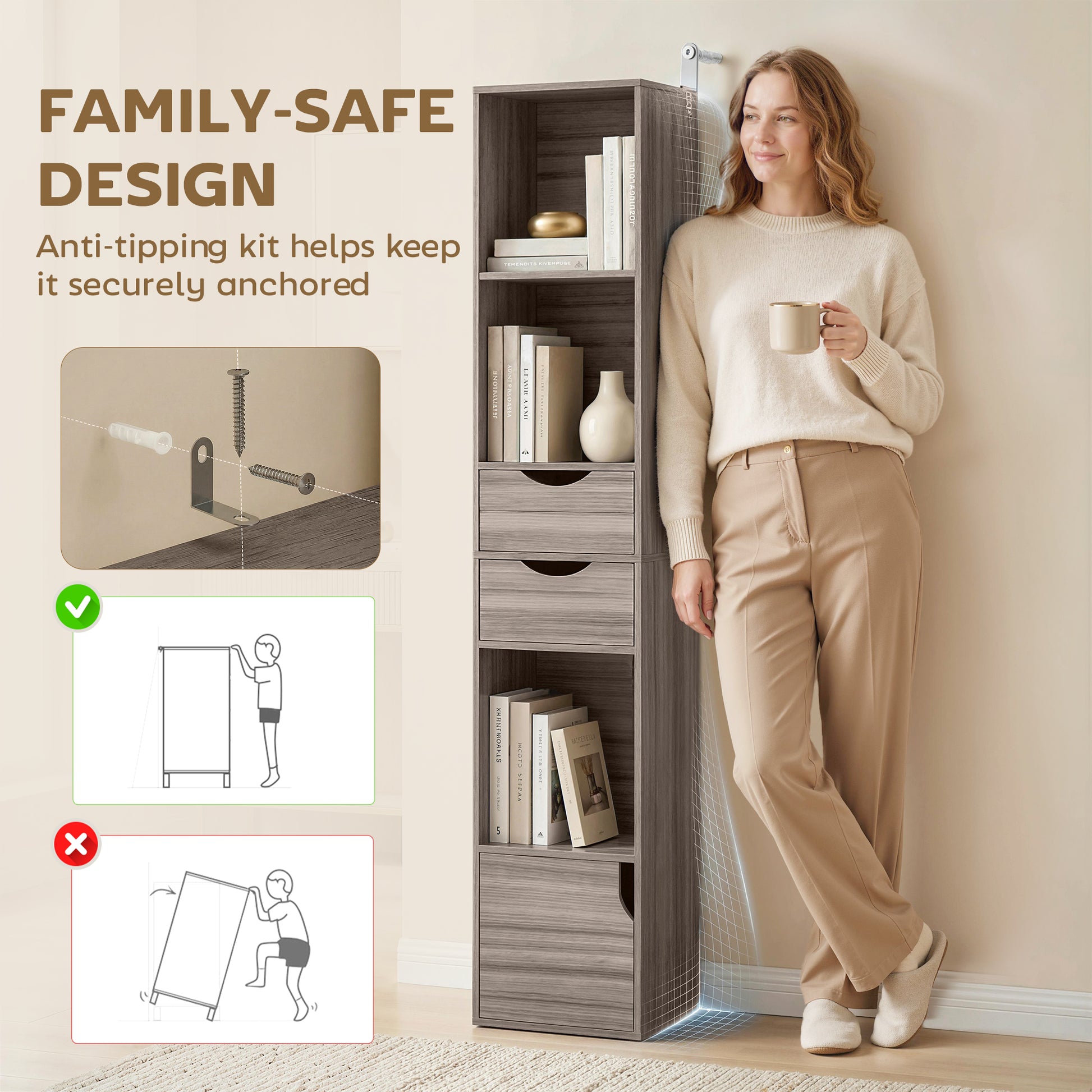 HOMCOM Bookcase with Drawers Adjustable Shelf Bookshelf with 2 Drawers and Cabinet 158 cm Grey