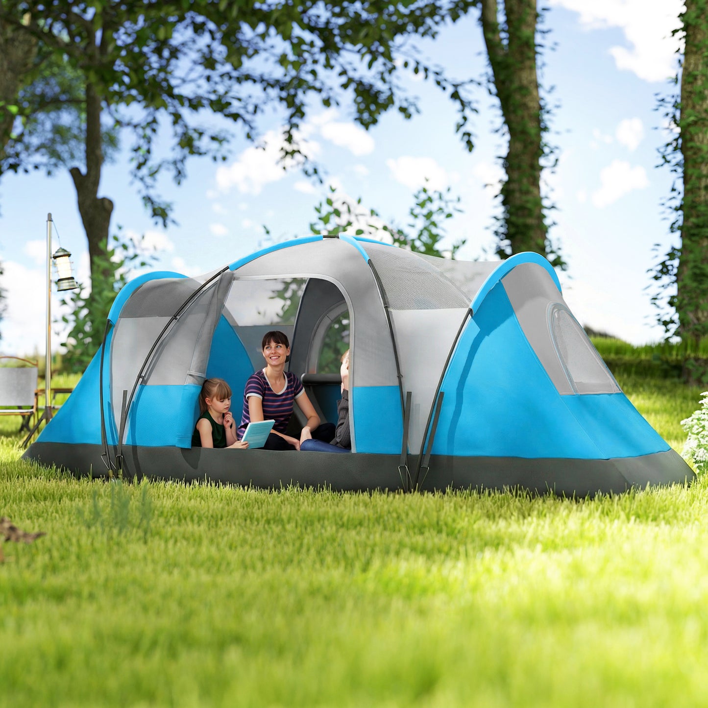 Outsunny 5 Man Camping Tent, Large Tunnel Tent, Water Resistant Hiking Shelter with Groundsheet and Carry Bag, Light Blue