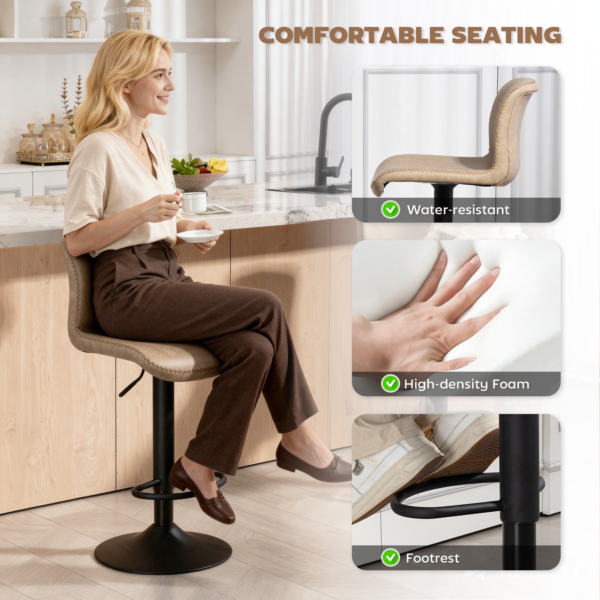 HOMCOM Bar Stools Set of 2, PU Leather Barstools with Backrest and Footrest for Kitchen, Counter, Breakfast Bar, Light Brown