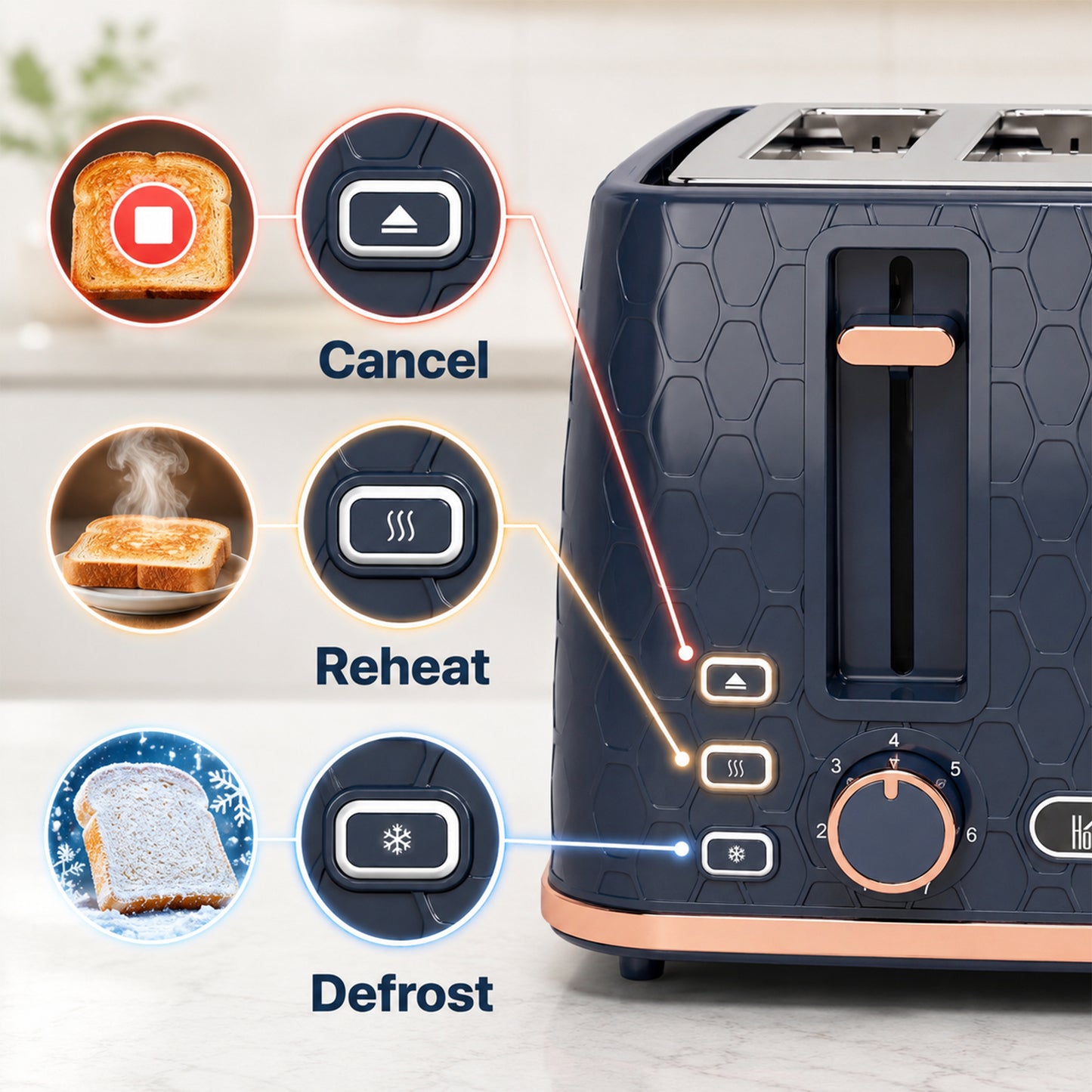 HOMCOM Toaster 4 slice, Toaster with 7 Browning Levels, High Lift, Reheat/Defrost/Cancel, Self-centring Function, Dark Blue