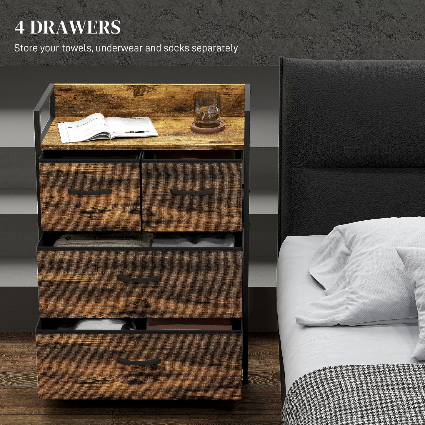 HOMCOM Rustic Chest of Four Fabric Drawers - Rustic Brown