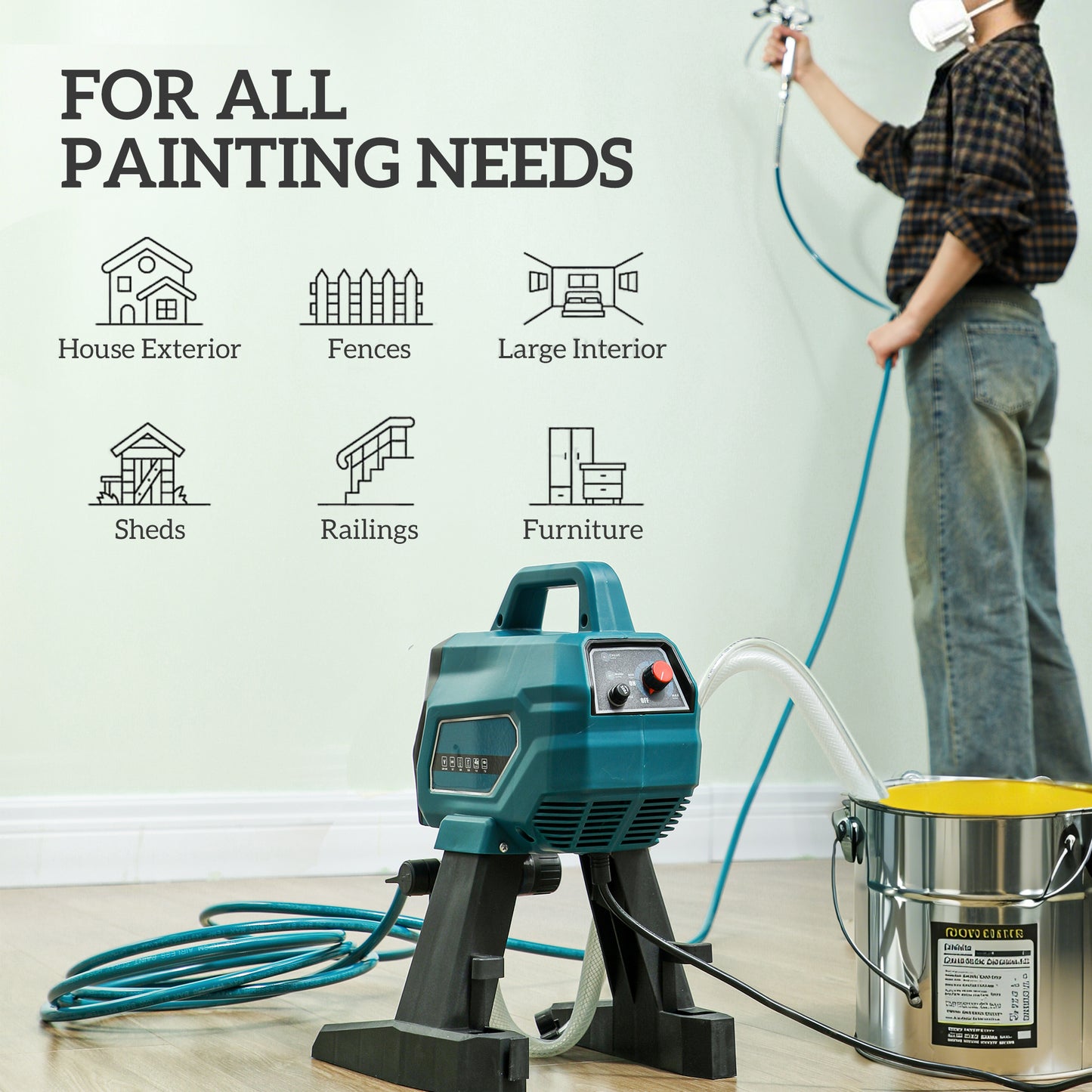 HOMCOM Airless Paint Sprayer, Thinning-Free, Electricï»¿ Fence Paint Sprayer for Exterior and Interior DIY Painting Projects, Wall Spray Gun Machine, Household Use, 1.5L/min, 200 Bar, 7.5 m Hose