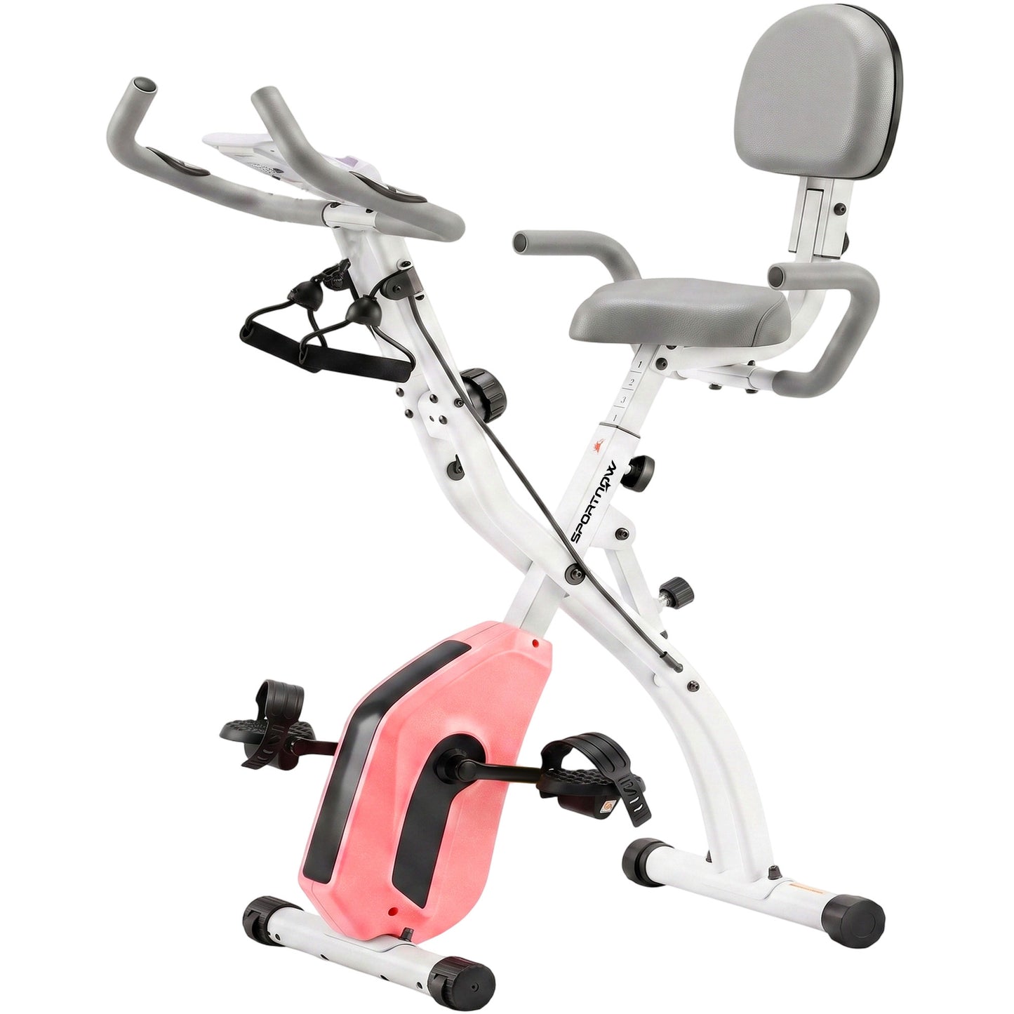 SPORTNOW 4-In-1 Folding Exercise Bike with Resistance Bands, Bluetooth App, 8-Level Magnetic Resistance, LCD Display, Pink
