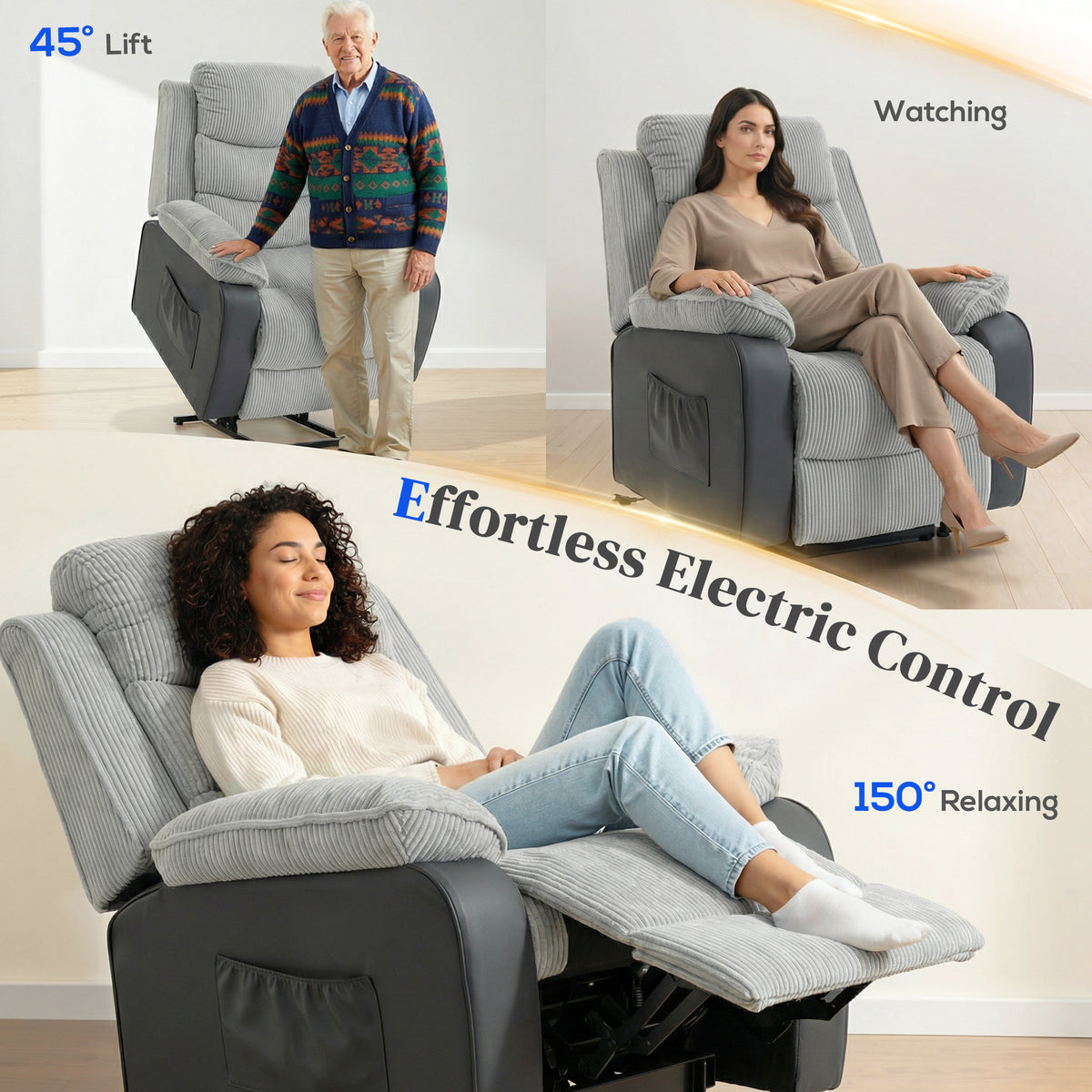 HOMCOM Power Lift Chair for Elderly, Corduroy Recliner with Wide Seat, High Back, USB Port, Side Pockets, Light Grey