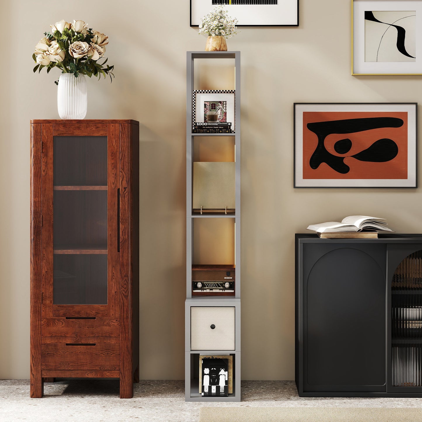 HOMCOM Floor Lamp with Shelves, LED Column Modern Standing Lamp with Fabric Drawer, Adjustable Brightness, Foot Switch for Living Room, Bedroom, Office, Grey