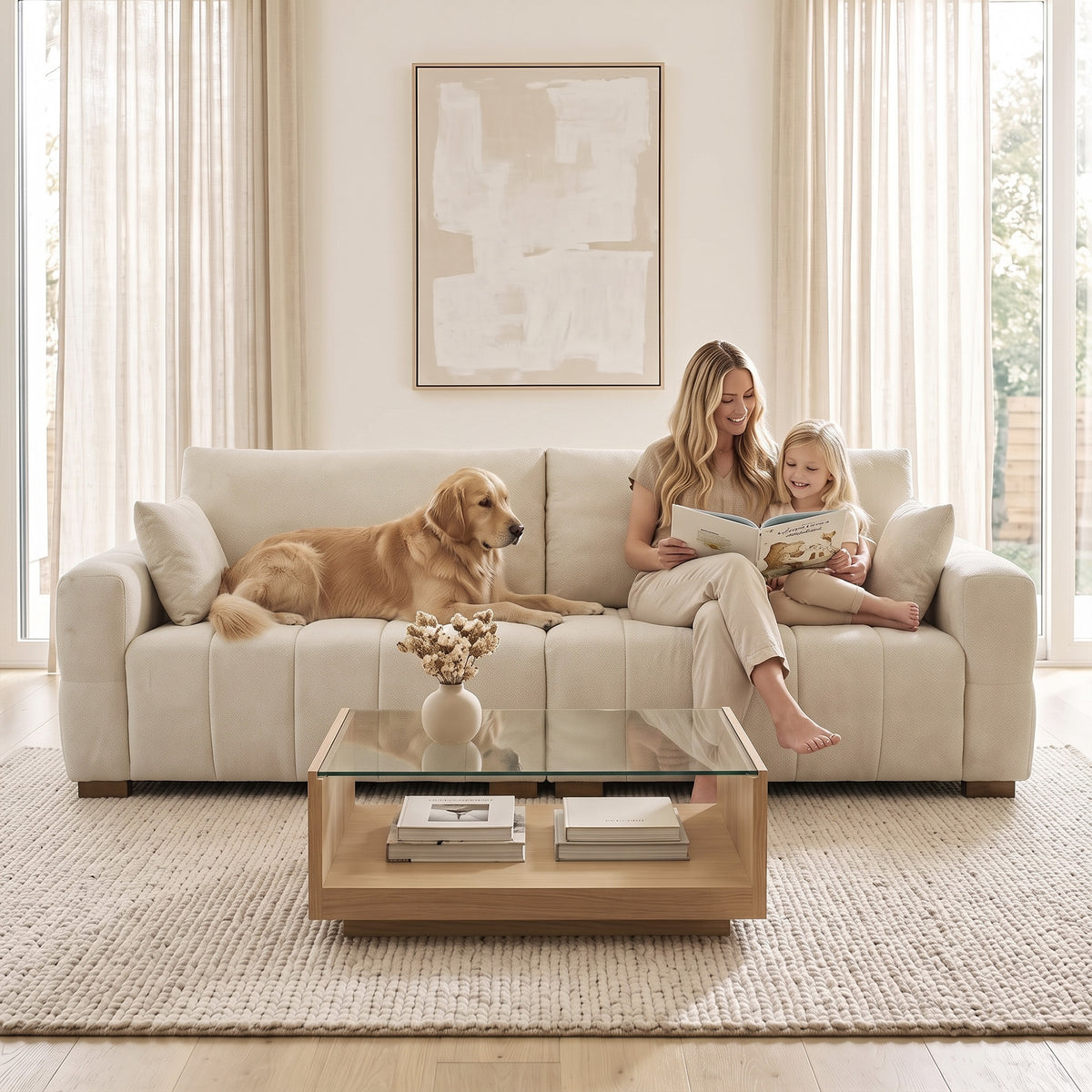 HOMCOM 3 Seater Sofa, Upholstered Velvet Couch for Bedroom with Pillows, Padded Cushion and Wood Legs, Cream White