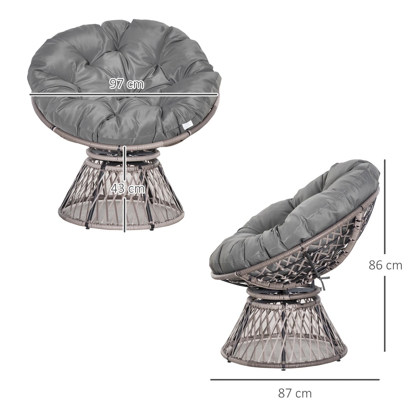 Outsunny 360Â° Swivel Rattan Papasan Moon Bowl Chair Round Lounge Garden Wicker Basket Seat with Padded Cushion Oversized for Outdoor Indoor, Grey