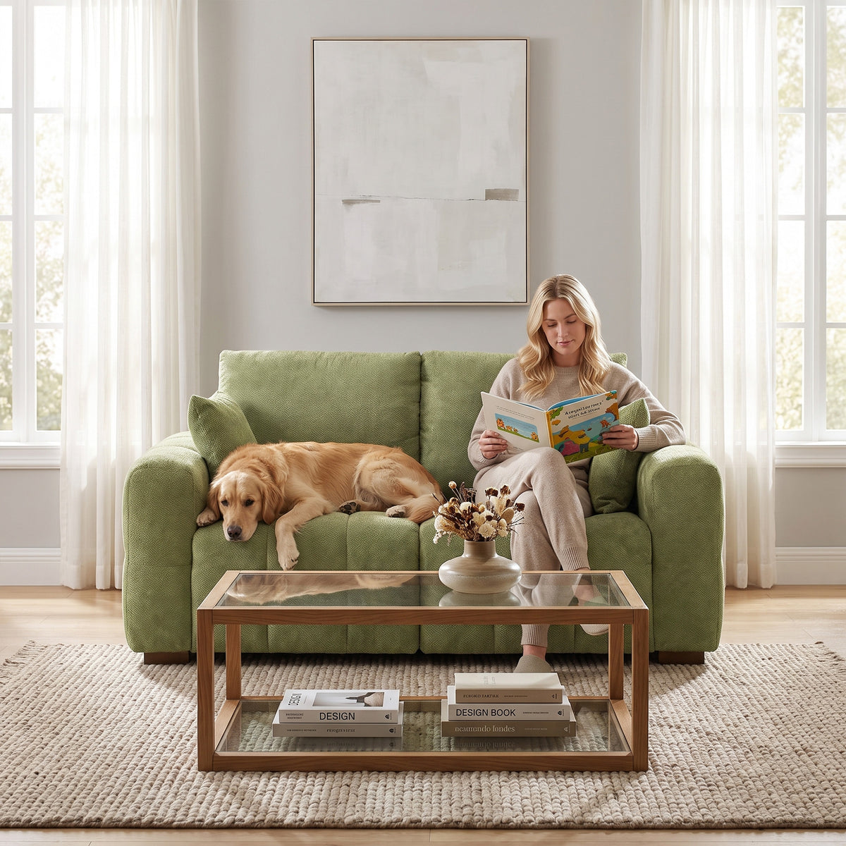 HOMCOM 2 Seater Sofa, Upholstered Velvet Small Couch for Bedroom with Pillows, Modern Sofa Settee with Padded Cushion and Wood Legs for Living Room, Green