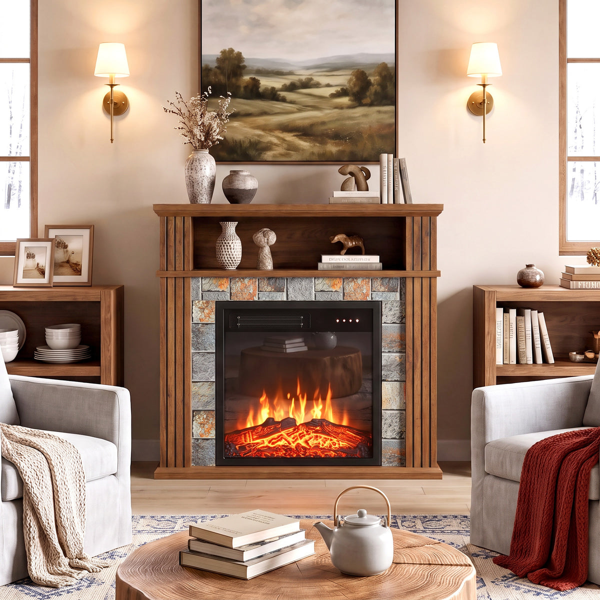 HOMCOM Freestanding Electric Fireplace Suite, 1800W, Open Shelf, Electric Fire and Surround with LED Flame, Remote, Grey
