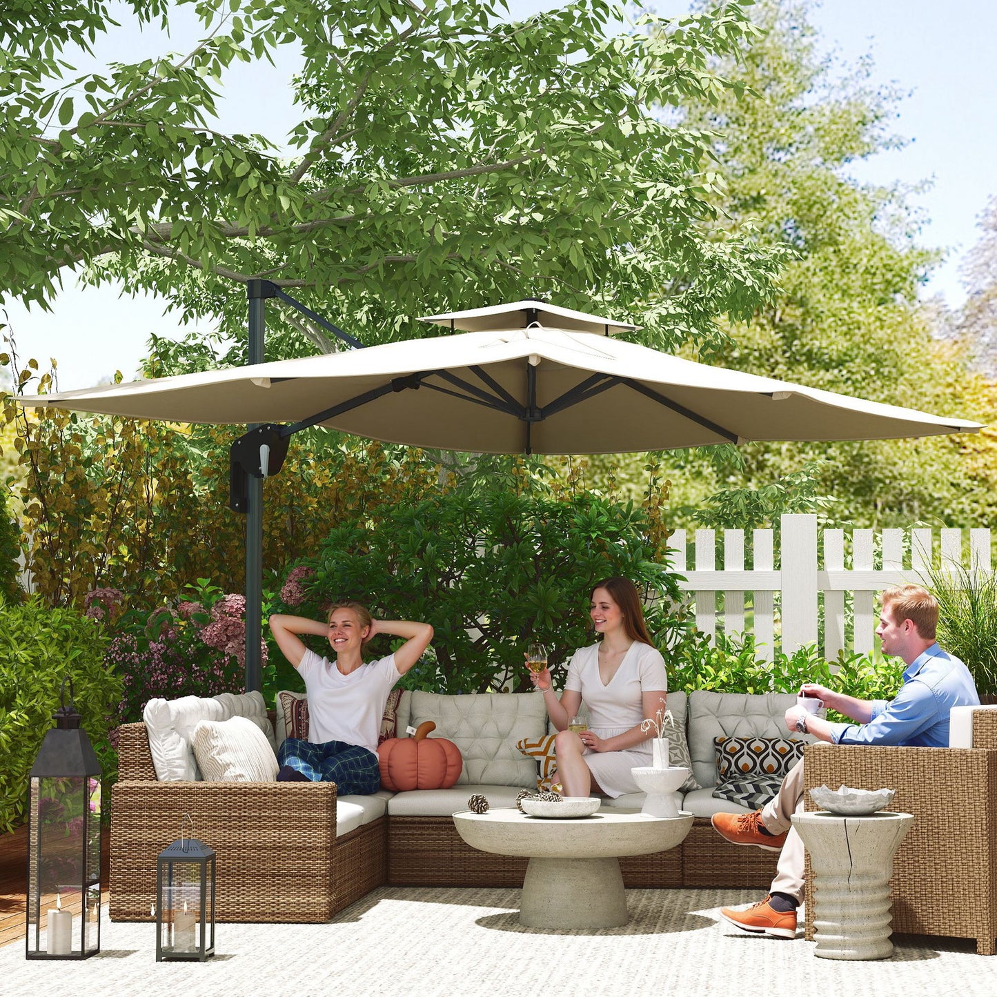 Outsunny 3.7 x 2.7 m Cantilever Parasol w/360° Rotation and Easy Tilt Adjustment, Aluminium Hanging Offset Outdoor Umbrella w/Double Top, Cross Base, UPF50+ Hanging Sun Shade, Grey Wood Effect Pole
