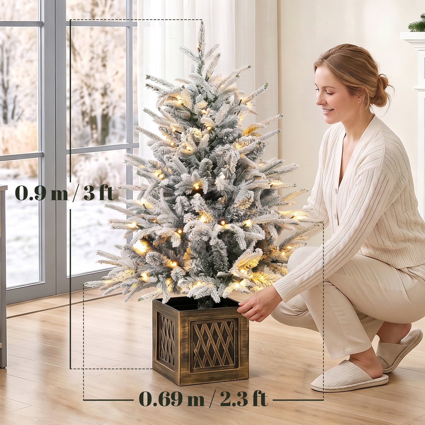 HOMCOM 90 cm Prelit Flocked Table Christmas Tree, Artificial Christmas Tree with 70 Warm White LED Lights, 488 Tips, Green
