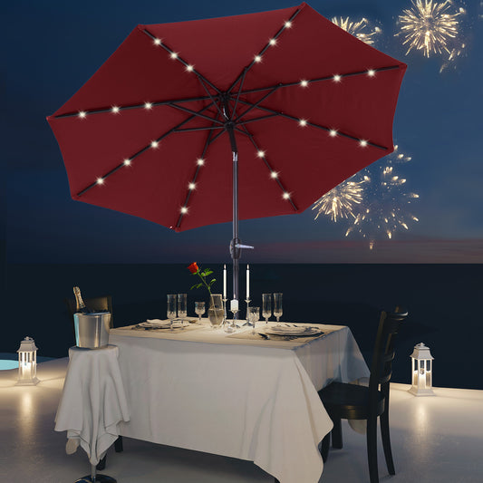 Outsunny Î¦2.7m Garden 24 LED Light Parasol Solar Outdoor Tilt Sun Umbrella Patio Club Party Event Manual Sun Shade w/ Hand Crank and 8 Ribs, Red