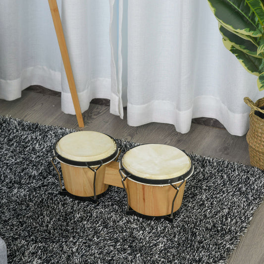 HOMCOM Wooden Bongo Drum Set Î¦7.75" & Î¦7" w/ Drum Head, Percussion Instrument, Drums, Tuning Wrench For Adults Beginners