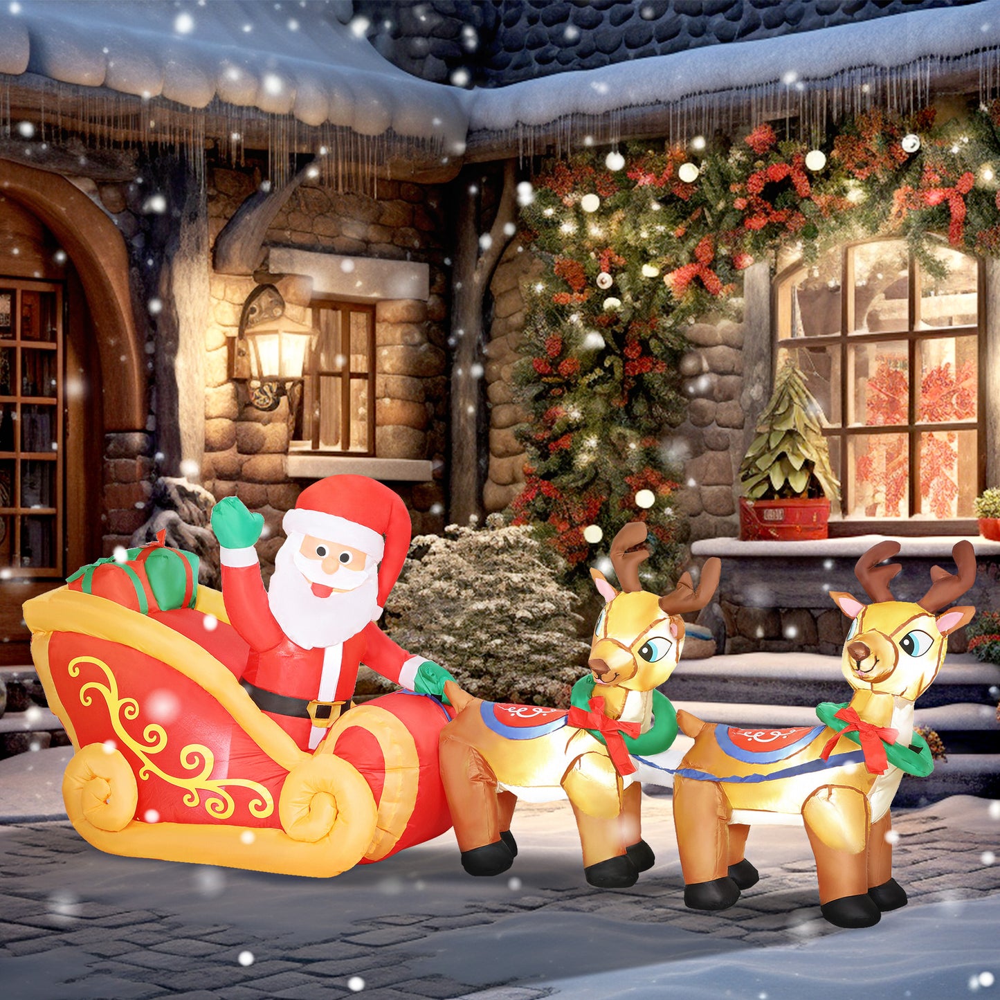 Outsunny 7.9ft Christmas Inflatable Santa on Sleigh with Two Reindeer, Outdoor Christmas Blow Up Decoration with Built-in LED Lights for Garden, Indoor Outdoor Home Decor