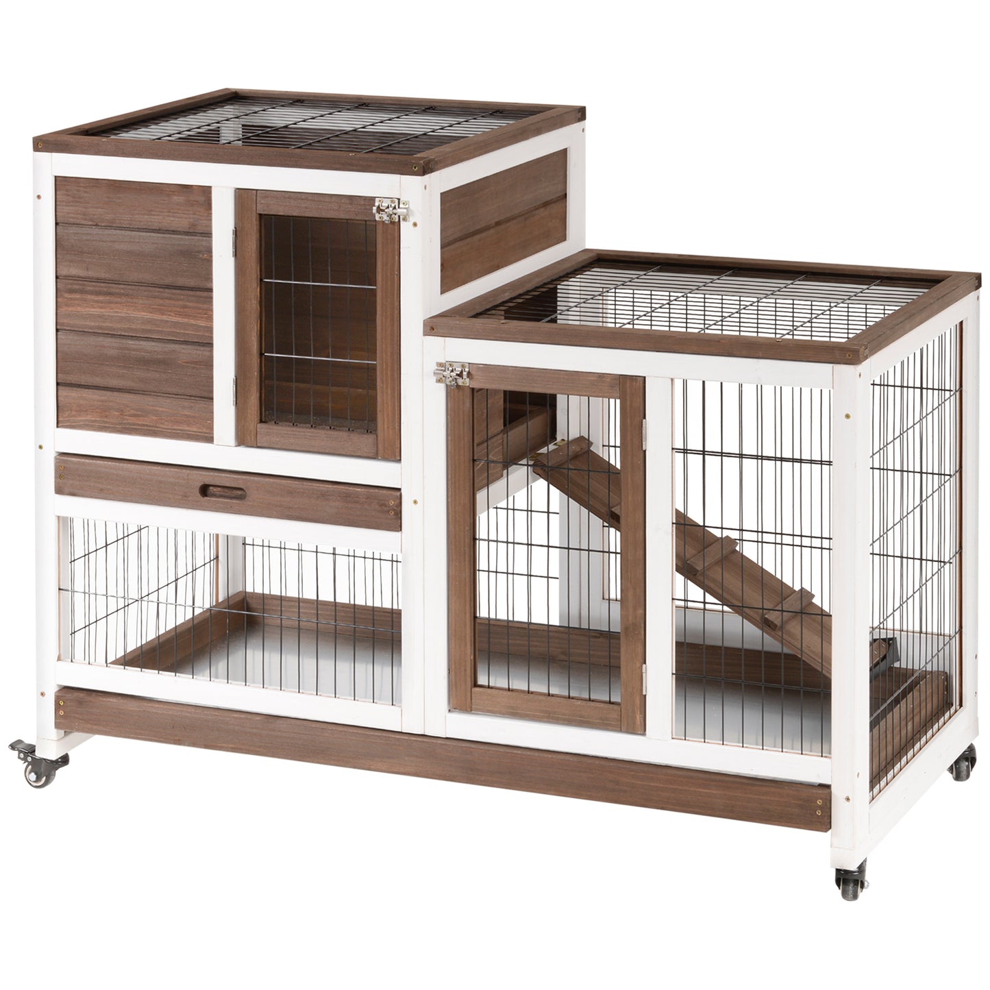 PawHut Two-Tier Rabbit Hutch Pet Cage, with Wheels - Brown Default Title