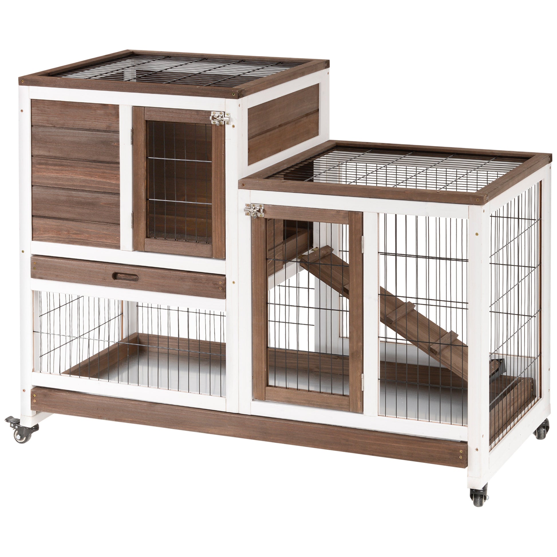 PawHut Two-Tier Rabbit Hutch Pet Cage, with Wheels - Brown Default Title