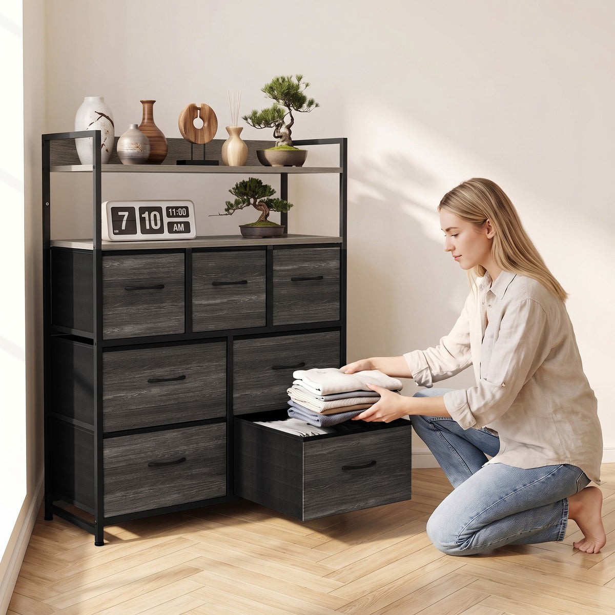 HOMCOM Chest of Drawers, Bedroom Fabric Dresser with 7 Drawers, Storage Organiser Unit with Open Shelves, Grey Wood-Effect