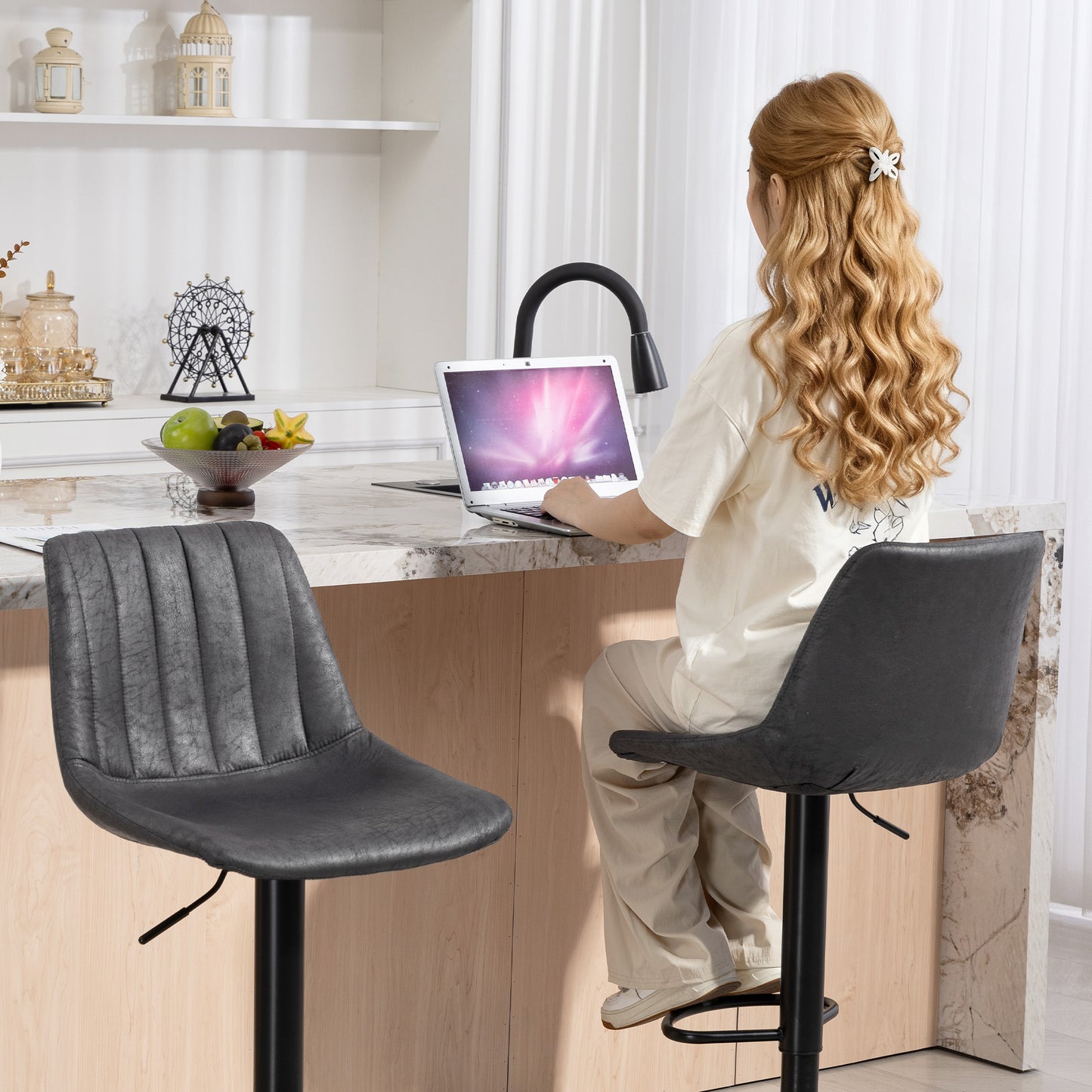 HOMCOM Set of 2 Leathaire Tub Bar Stools -  Charcoal Grey