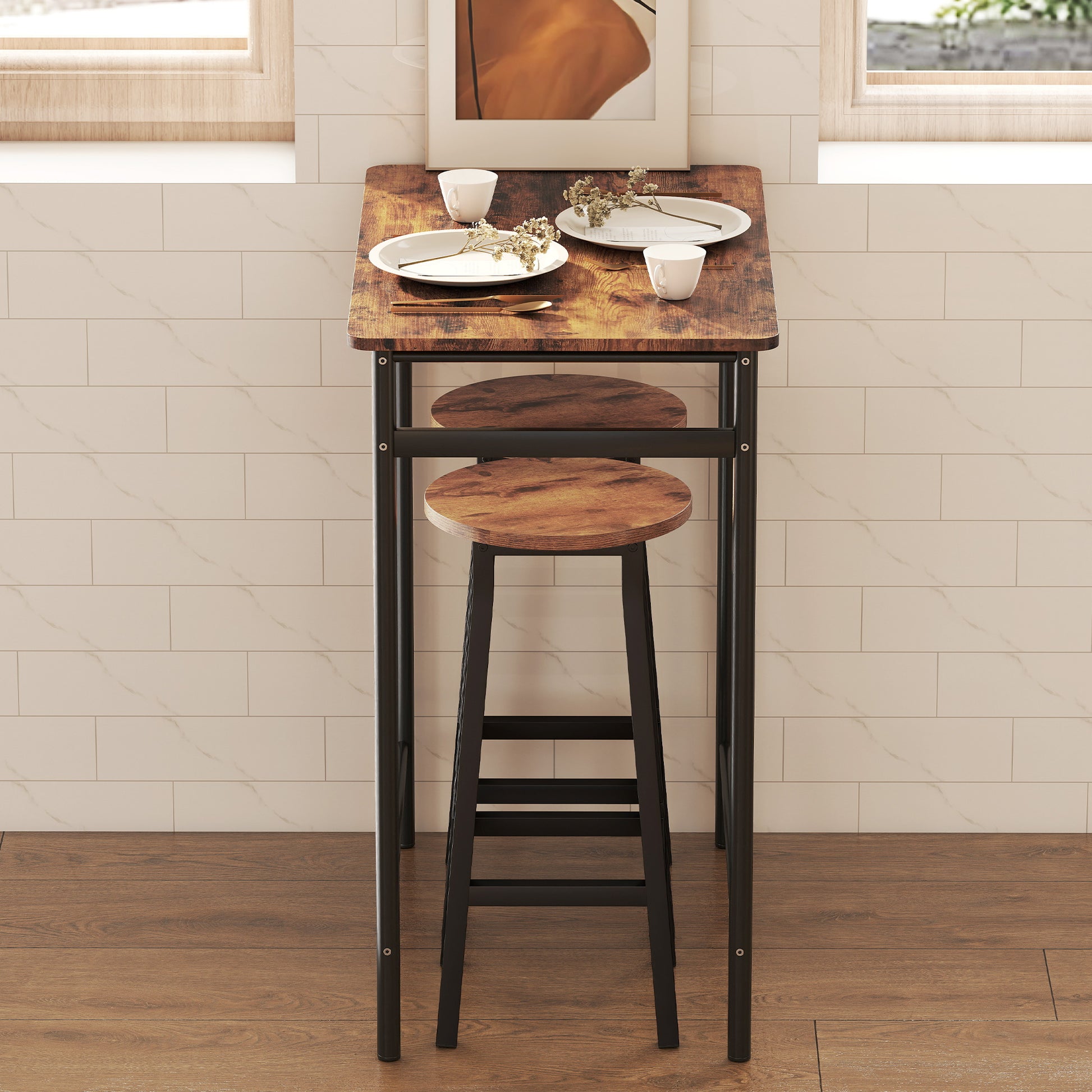 HOMCOM Bar Stools Set of 2 Breakfast Bar Stools with Footrest, Industrial Round, 32 x 32 x 65 cm, Rustic Brown
