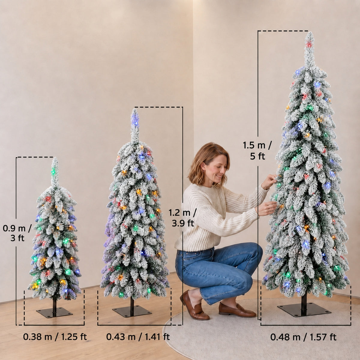 HOMCOM Artificial Christmas Tree Set of 3, Snowy Pre-Lit Christmas Tree with PVC Branch Tips, 90/120/150 cm, Green White